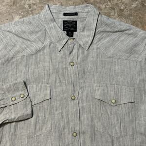 Lucky Brand Pearl Snap Shirt Mens XL Grey 100% Linen Dobby Western Yoke